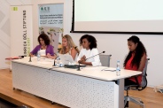 Opening panel discussion for Mixed Feelings exhibition at Issam Fares Institute at AUB, from left Rania Masri from Asfari Institute, Roula Hamati from Insan Association, Nisreen Kaj and Francesca Ankrah, October 8, 2014, Beirut. Photo by Marta Bogdanska