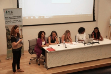 Welcoming words from Noor Balbaaki representing the Heinrich Boell Foundation Middle East Office. From left Rania Masri from Asfari Institute, Marta Bogdanska, Roula Hamati from Insan Association, Nisreen Kaj and Francesca Ankrah, October 8, 2014, Beirut. Photo by Mourad Ayyash from RightsCast
